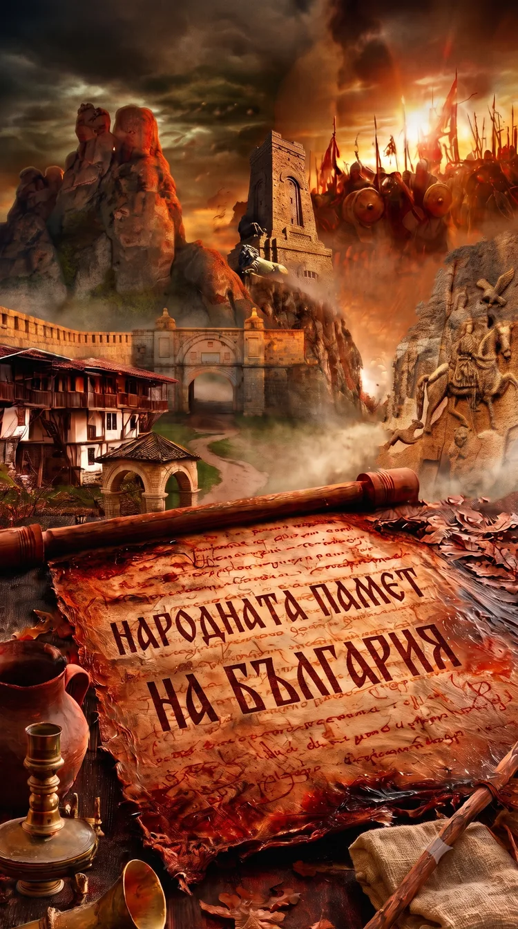 Разгърнат пергамент с надпис „Народната памет на България“ пред Белоградчишките скали, паметника на свободата на връх Шипка и Мадарския конник.